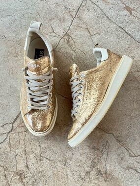 Golden Goose Gold Glitter Low-Top Sneakers with White Accents